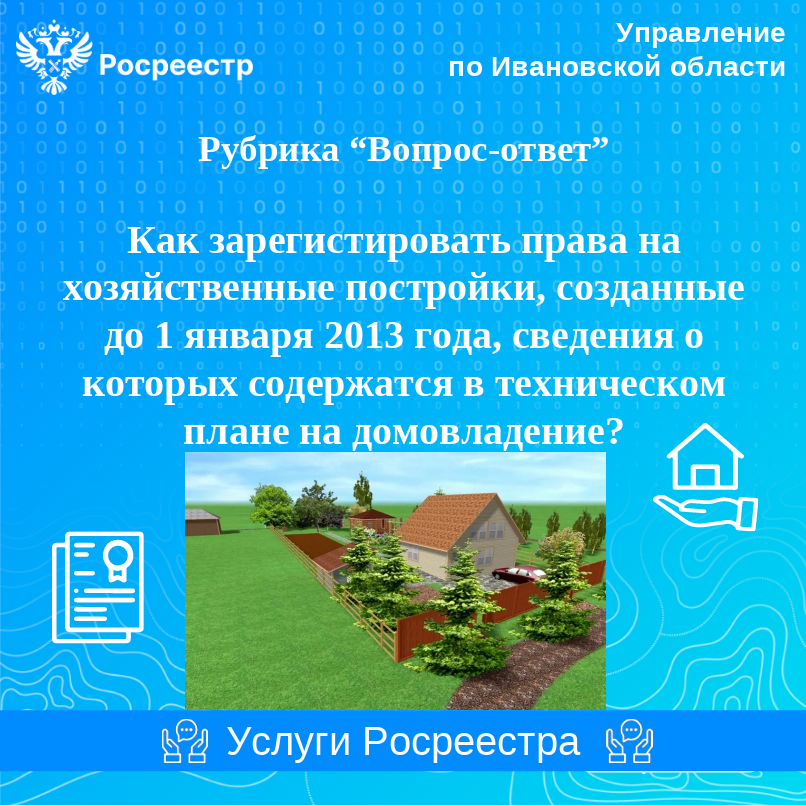Вопрос: Как зарегистрировать права на хозяйственные постройки, созданные до 1 января 2013 года, сведения о которых содержатся в техническом плане на домовладение?   .